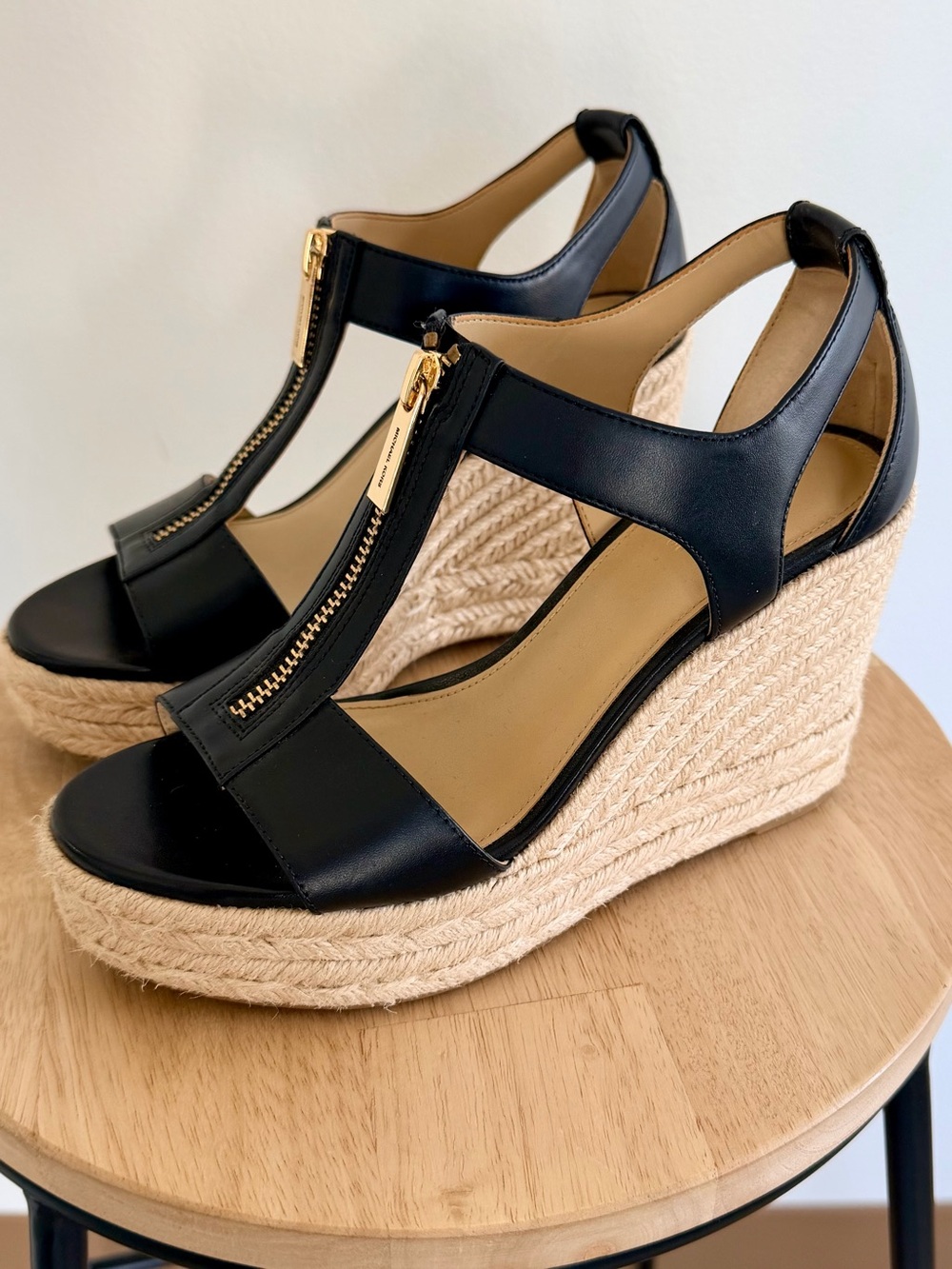Michael Kors Black Leather Espadrille Wedge Sandals Gold Zip Size 6